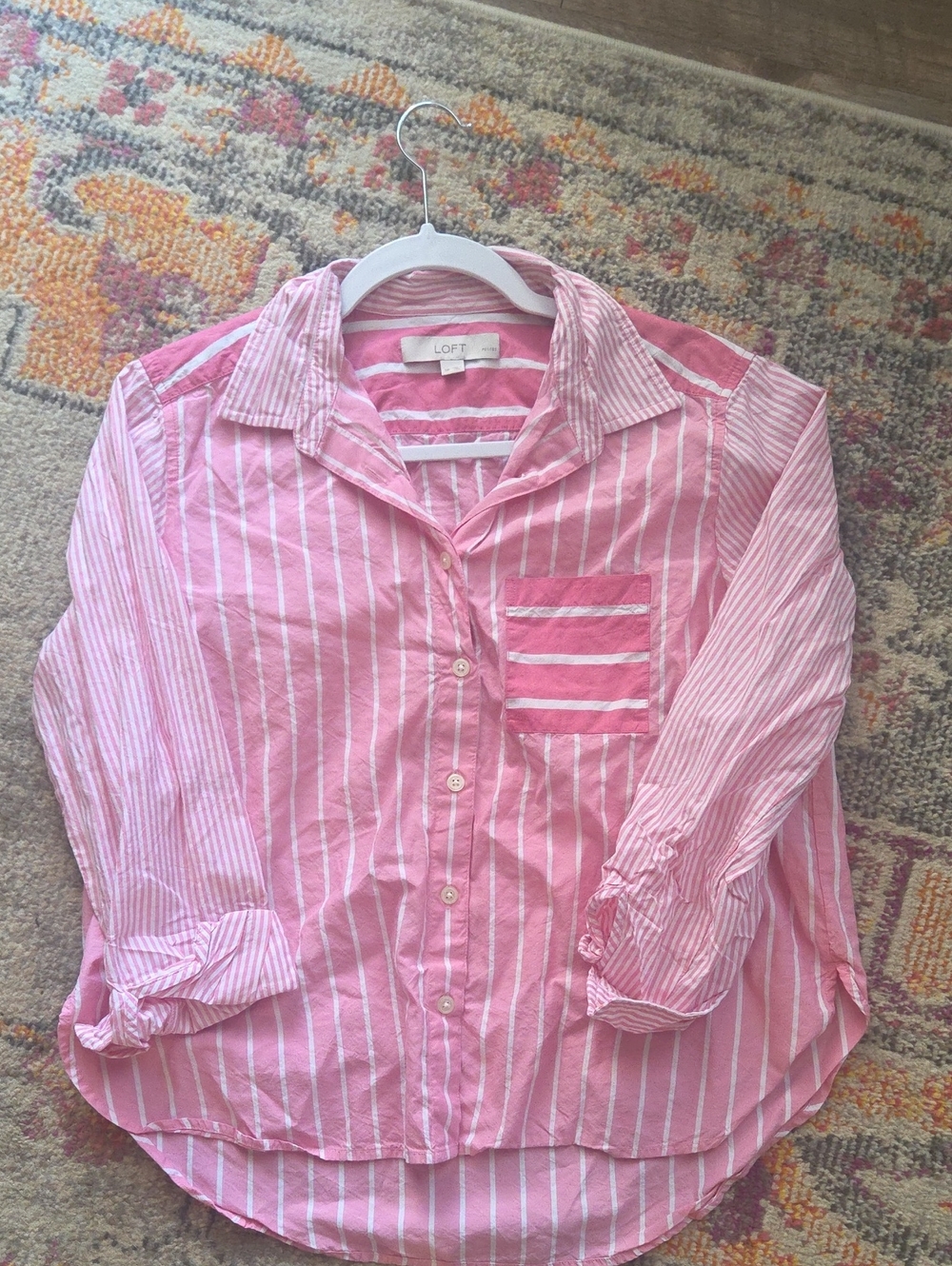 LOFT Pink & White Striped Button-Down Shirt Small Petite